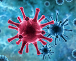 Illustration of Microscopic view of pathogen SARS-CoV-2 corona virus in cell on blue background