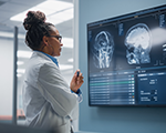 Female scientist/doctor looks at screen with MRI scan with brain images